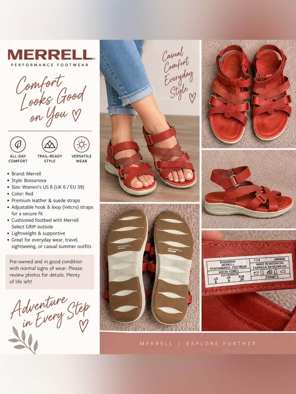 Merrell Bossanova Women’s Red Leather Strappy Sandals Size 8 EU 39